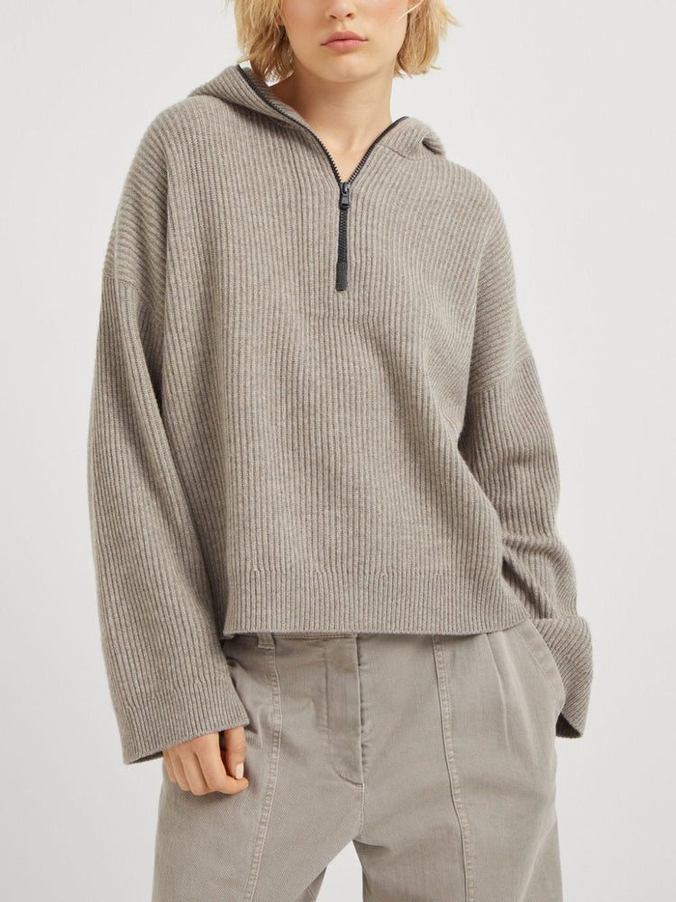 Brunello Cucinelli Women's Hooded Ribbed Knit Cashmere Sweater