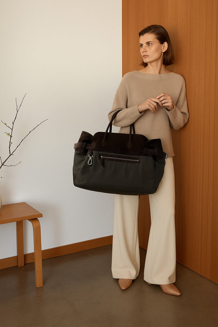 The Row Margaux 17 Inside-Out Buckled Leather Canvas Tote Bag