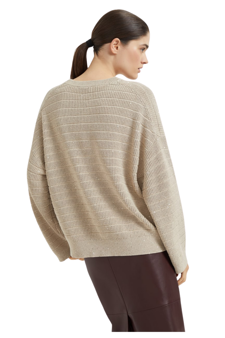 Brunello Cucinelli Women's Textured Half English Rib Sweater in Cotton Diamond Yarn
