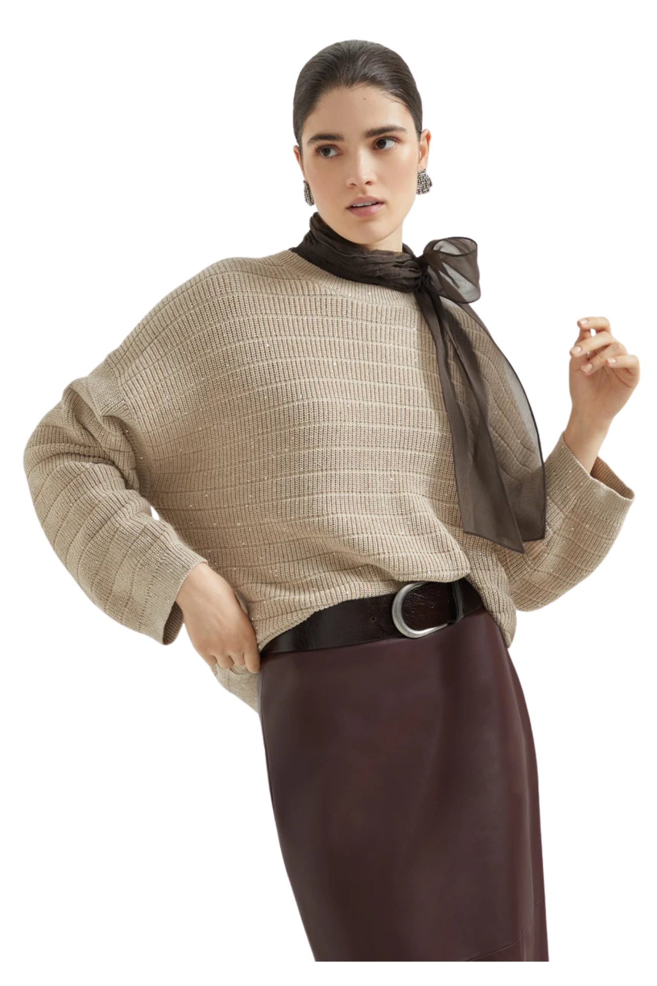 Brunello Cucinelli Women's Textured Half English Rib Sweater in Cotton Diamond Yarn