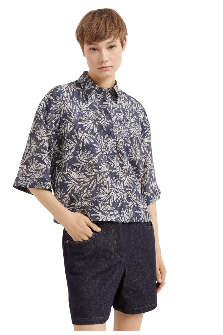Brunello Cucinelli Women's Silk Fern Print Pongee Shirt with Monili
