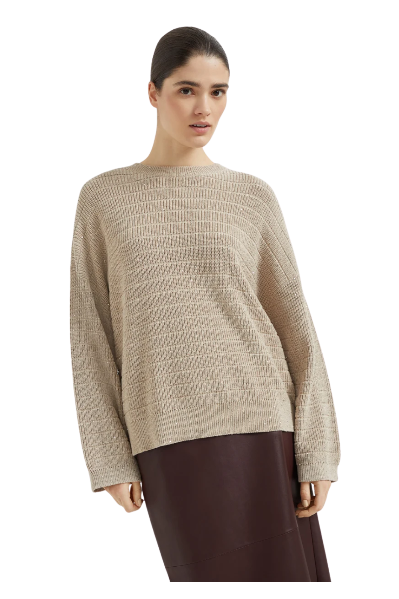 Brunello Cucinelli Women's Textured Half English Rib Sweater in Cotton Diamond Yarn